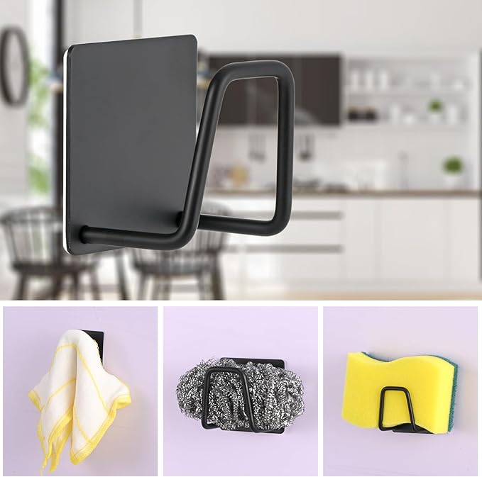 Luckyiren Adhesive Sponge Holder for Kitchen Sink, SUS304 Stainless Steel Scrubber Hanger Caddy Accessories Storage Rack Stand for Scratch Scrub Dishcloth Dishrag Exfoliator Strainer Stopper
