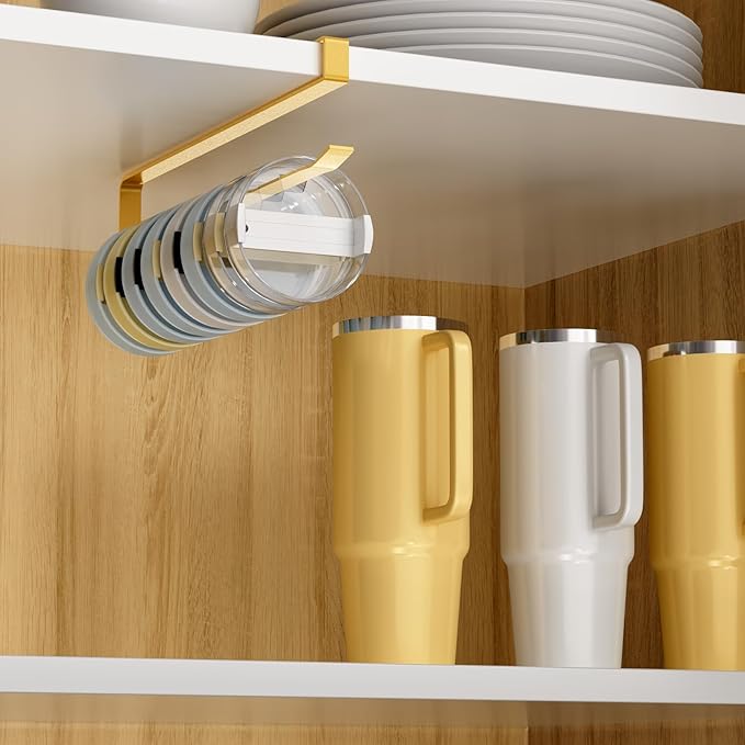 2 PCS Tumbler Lid Organizers, Ample Lid Capacity Up to 30 Lids, No Adhesive No Drill Yeti Lid Organizer Holder Inside Cabinet, Space-Saving Stanley Tumbler Cup Lid Holder Organizer for Kitchen (Gold)