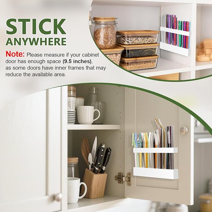 Malldii 9.5" Large Acrylic Straw Holder for Cabinet Door - Reusable Tumbler Straw Organizer Storage, Small Kitchen Accessories Container, Ultra Sticky Cupboard Door Mounted (White)