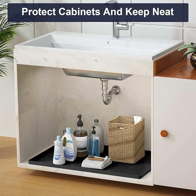 Under Sink Mat - 25" x 19" Waterproof Kitchen Cabinet Mat - Flexible Silicone Under Sink Liner - Kitchen Bathroom Cabinet Mat and Protector for Drips Leaks Spills (Black)