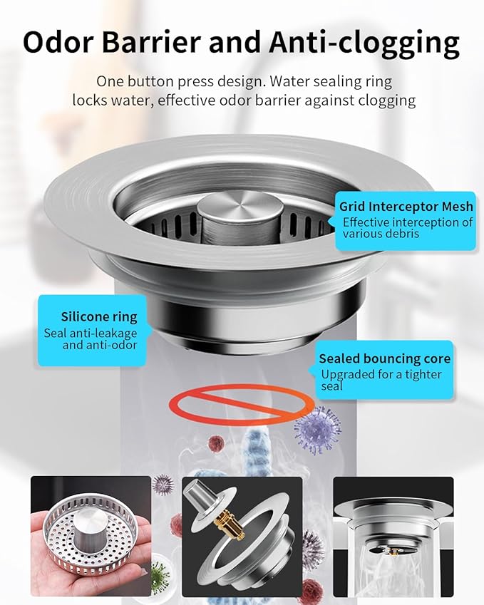 3 in 1 Kitchen Sink Drain Strainer [304 Stainless Steel Pop Up] Anti-Clogging Kitchen Sink Drain Stopper Stainless Steel Efficiently Drainage Odor Filter Sink Plug for Us Standard 3-1/2 Inch