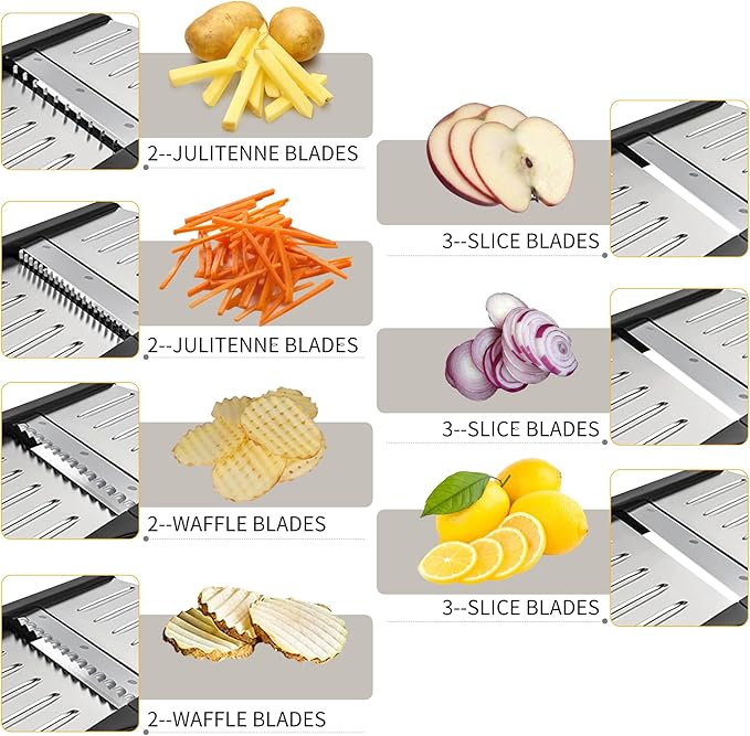 Mandoline Food slicer for kitchen, Adjustable Stainless Steel Mandoline Vegetable slicer, Food slicer Onion Potato Chip French Fry, 7 in-1 Adjustable Blade, Including 1 Pair of Gloves