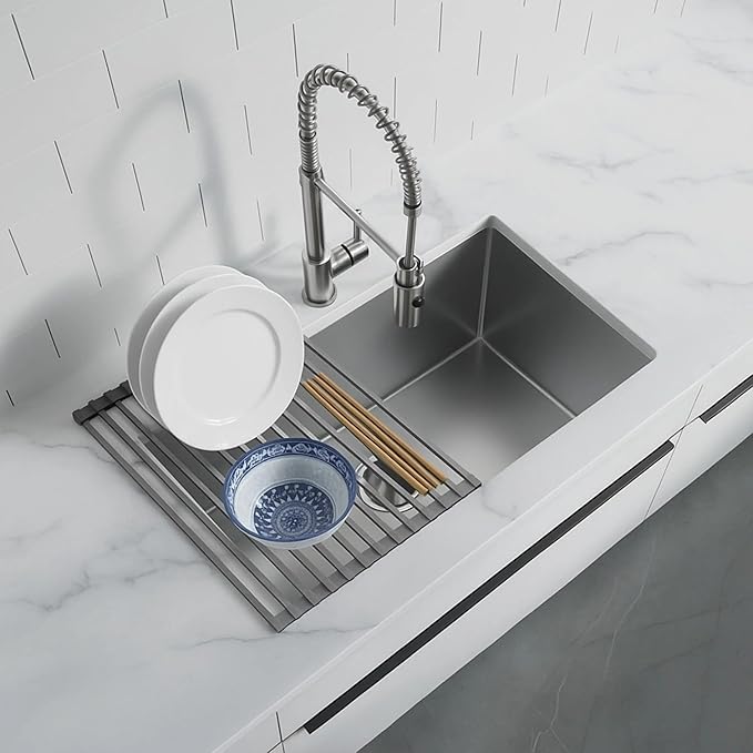 Dowell Over The Sink Roll-Up Dish Drying Rack, Foldable Tube Design, Space Saving Sink Organizer, Sturdy, Easy to Clean, Stylish Look - Triangle+Rectangular - Full Silicone