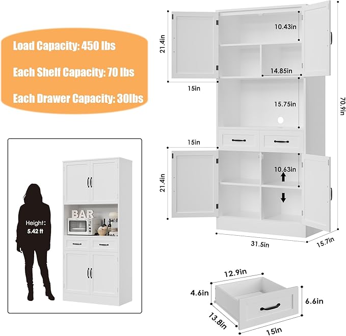 HOSTACK 71“ Tall Kitchen Pantry Storage Cabinet, Modern Kitchen Hutch Bar Cabinet with Microwave Stand, Wood Buffet Sideboard with Hutch, Cupboard with Drawers, Shelves for Dining Room, White