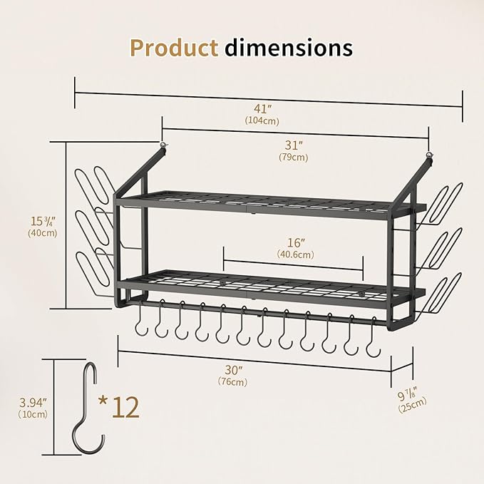 VOPEAK 30" Pot Rack Wall Mounted with 6 Detachable Pot Lid Holders,12 Adjustable S Hooks for Hanging Pans,2 Tier Black Heavy Duty Metal Shelves for pots and pans Organizer,200lbs Capcity,Space Saving