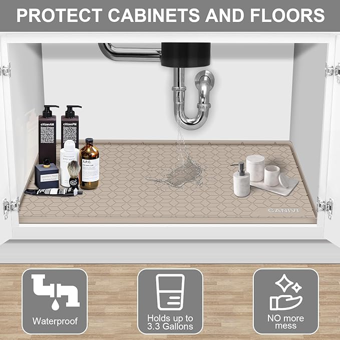 Under Sink Mat, 31" x 22" Waterproof Silicone Under Sink Tray for Kitchen & Laundry Cabinets, Kitchen Cabinet Shelf Protector, Up to 3.2 Gallons Liquid, Fits 36 inch Standard Cabinet(Apricot)