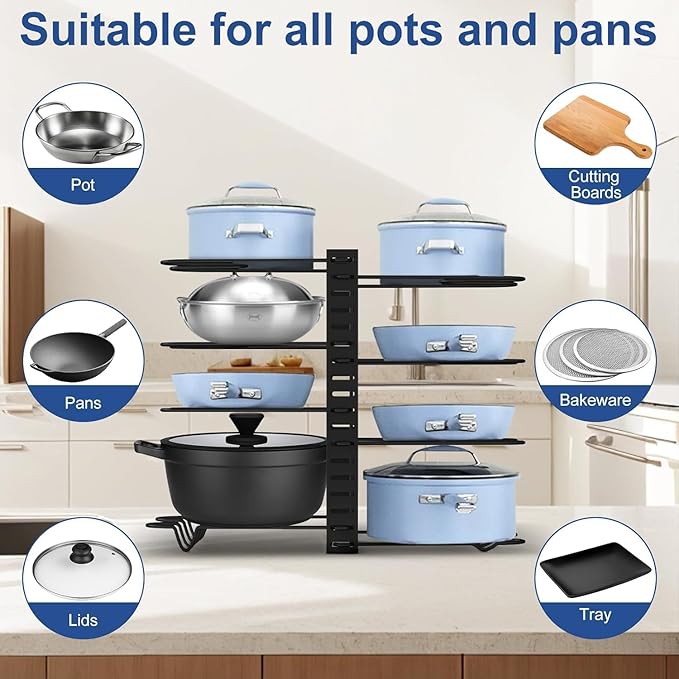 COCIVIVRE Pot and Pan Organizer, 8 Tiers Pot Lid Organizer, Adjustable Pots and Pans Organizer Under Cabinet with 3 DIY Methods for Kitchen Cabinet Cookware Organizers and Storage