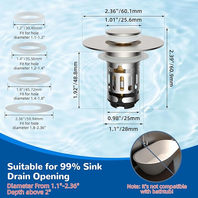 Hibbent 3 Pack 3 in 1 Bathroom Sink Drain Strainer, Universal Pop Up Stopper with Removable Stainless Steel Filter Basket Hair Catcher, Sink Plug for 1.1''~2.36'' Basin, Brass Core, Brushed Nickel
