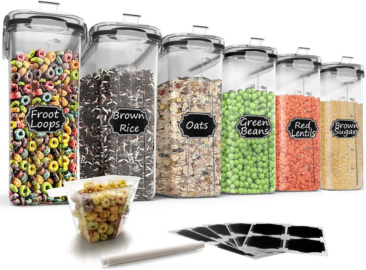 Cereal Storage Containers Set, Large BPA Free Plastic Airtight Food Storage Containers 4L for Flour, Sugar, 6 Piece Set Cereal Dispensers with 20 Labels & Marker, Black