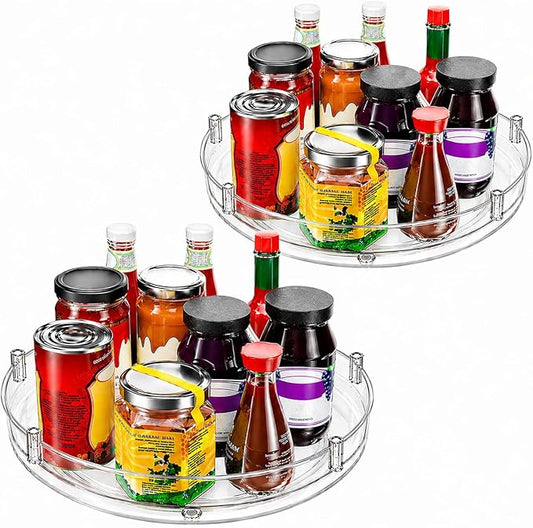 2 Pack Lazy Susan Organizer, Rotating Spice Rack Turntable for Kitchen Cabinet Pantry, Clear Storage Tray for Refrigerator Countertop Bathroom Organizer