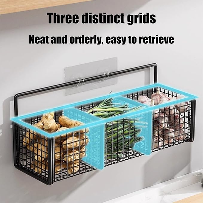 Storage Rack with 3 Compartments, Spice Rack Wall Mount, Punch-Free Hanging Spice Racks, Multi-Purpose Storages Organizer, Kitchen Storage Baskets for Seasonings Oniones Ginger Garli