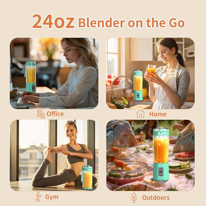 Portable Blender, 360 Watt Personal Blenders with Pulse Mode, Shakes and Smoothies, 6000mAh, BPA Free 24 Oz Blender Cup with 6 Blades and Lid, USB-C, Self Cleaning Portable Juicer, Light green