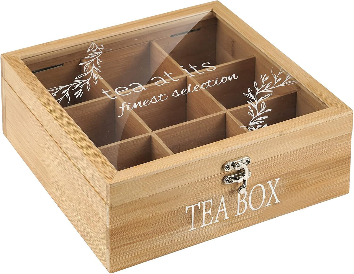 Bamboo Tea Box Organizer,Rustic Tea Storage with 9-Slot