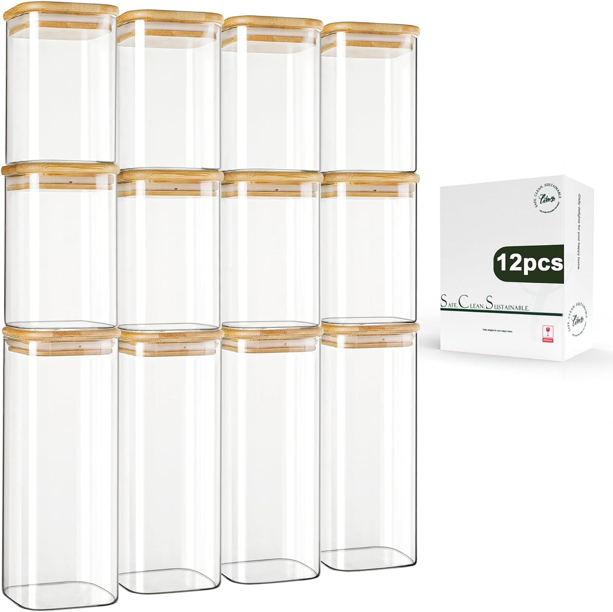 12-Pack Square Glass Storage Jars with Bamboo Lids (0.6Qt/1.06Qt) - Stackable Food Containers for Pantry Organization, Coffee, Flour, Snacks, Tea | Kitchen Canisters Set