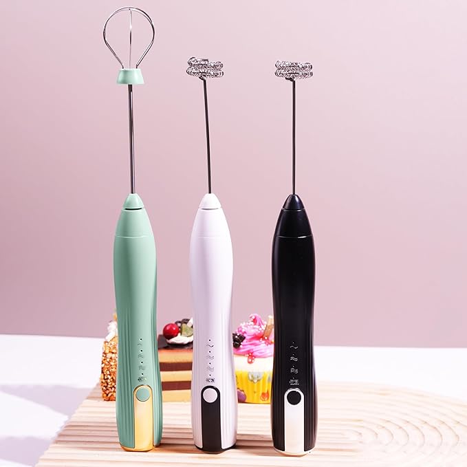 Rechargeable Milk Frother Handheld with Stand, Coffee Foam Frother Wand, Detachable Stainless Steel Whisk Drink Mixer for Coffee, Cappuccino, Lattes, Frappe, Matcha,Egg and Hot Chocolate, Green
