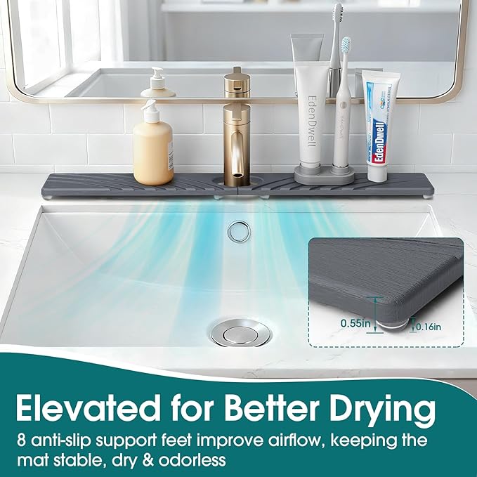 Quick Dry Stone Faucet Mat for Kitchen Sink - 23.6"x3.9" Natural Diatomite Stone Drying Mat for Kitchen Counter, Auto Drainage Sink Protector, Water Splash Guard for Bathroom (Dark Grey)