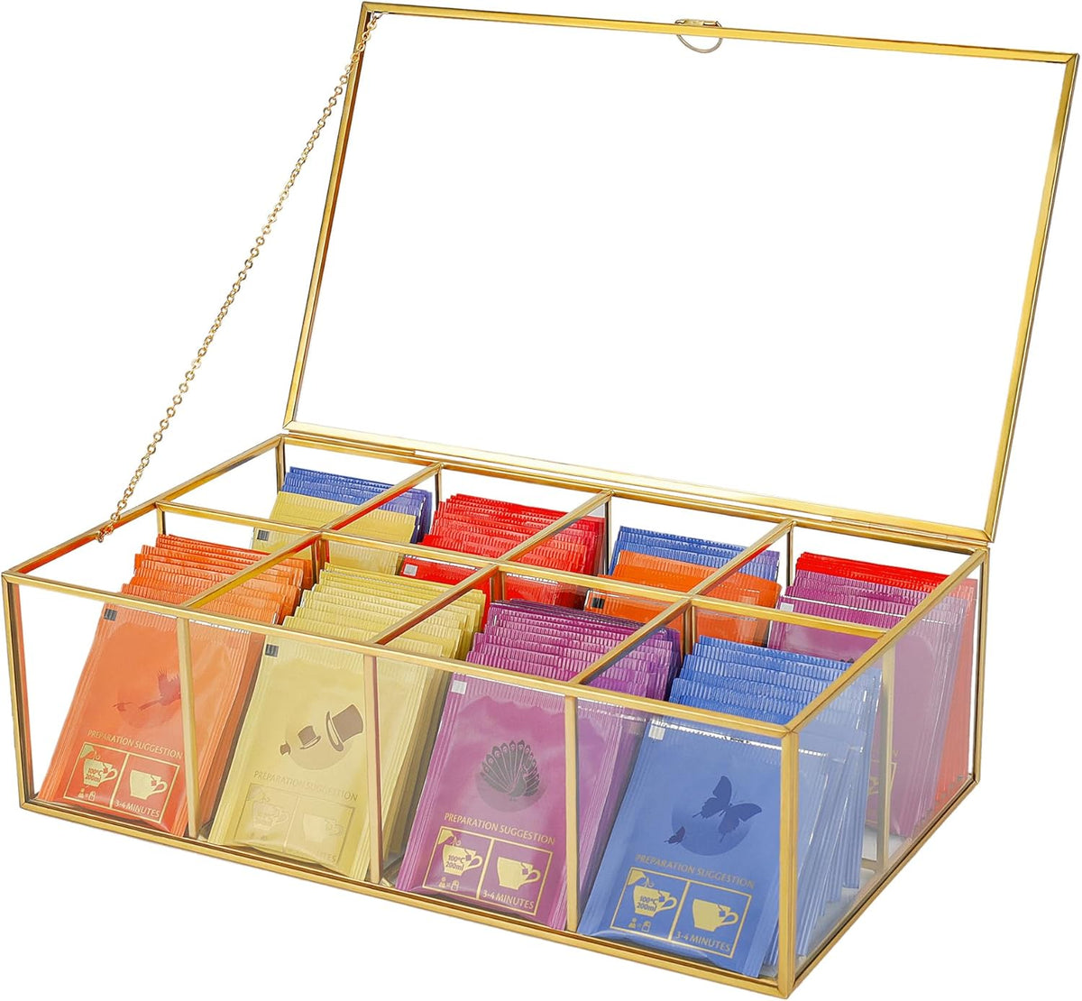 Glass Tea Bag Organizer, 8-Compartment Tea Storage Box, Gold