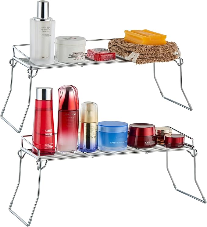 JUNCHU CHERRY Metal The Sink Vanity Organizer 2 Pack, Bathroom or Kitchen Sink Organizer, Feminine Products Organizer (2 Chrome)