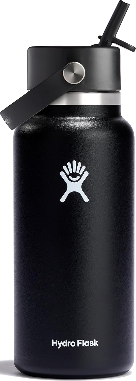 Hydro Flask Water Bottle - Insulated Stainless Steel - Wide Straw Lid, Non Spill, Leakproof in 32 Oz Black