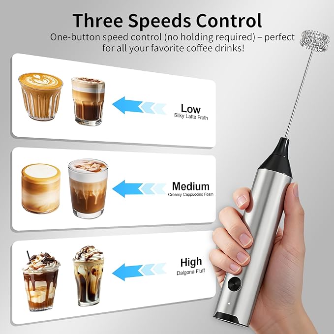 Rechargeable Handheld Milk Frother for Coffee, Hand Frother with Stand, Drink Mixer Frother Wand Electric Whisk Stirrer for Latte, Matcha, Cappuccino, Hot Chocolate (Stainless Steel)