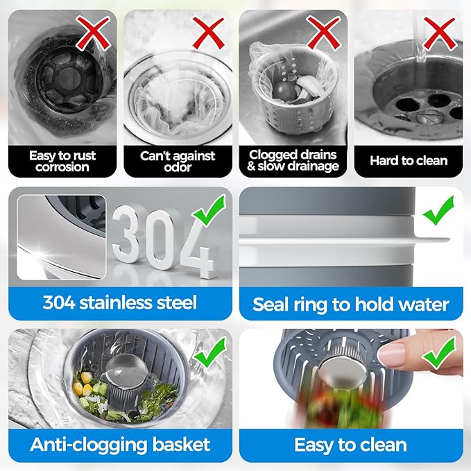 zaa 2 Pack Sink Drain Strainer, Sink Stopper, 3 in 1 Stainless Steel Kitchen Sink Drain Strainer with Anti-Clogging Basket, Fit US Standard 3-1/2 Inch Drain Hole