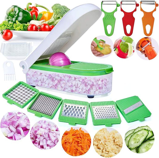 LHS Vegetable Chopper, Pro Onion Slicer Dicer Cutter Shredded- Cheese & Veggie Plus Peeler and Julienne with 8 Blades (Green)