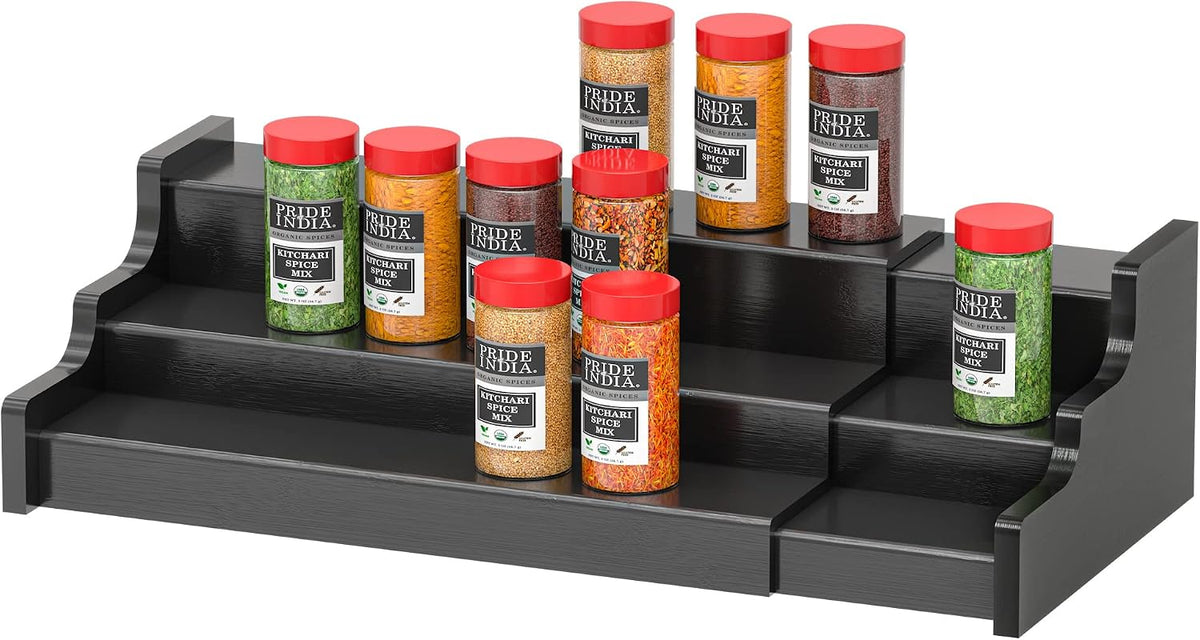 Spice Rack Organizer For Cabinet - 3 Tier Black Bamboo Wooden Expandable Display Shelf from 12.70 to 22.20 inch