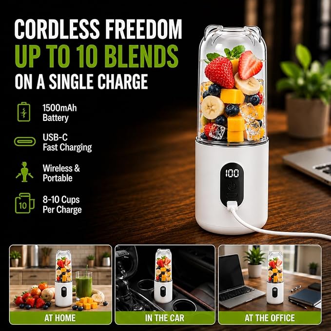 Portable Blender for Protein Shakes & Smoothies, 17oz USB-C Rechargeable Personal Blender with LED Display, Powerful 16-Blade Mini Juicer for Gym, Travel & Office