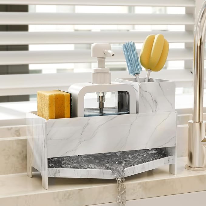 TIDIIABODE Sponge Holder for Kitchen Sink - White Marble Acrylic Sink Caddy with Brush Slot, Countertop Soap Organizer for Modern Kitchen, Self-Draining Storage Rack, 9.2" Large Capacity