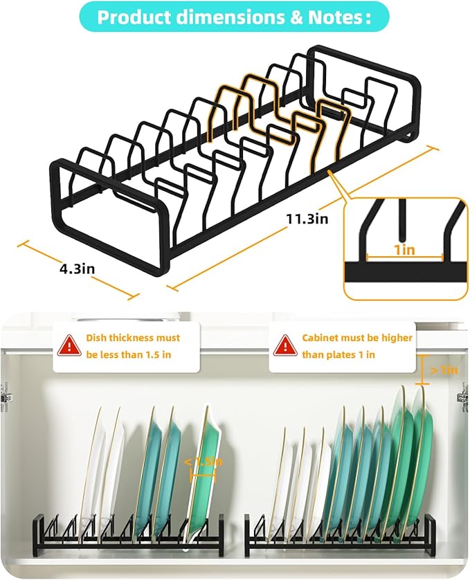 Plate Organizer for Cabinet (2-Pack),Kitchen Dish Rack Organizer for Cabinet Countertop Drawer Space Saver，8 Slots Vertical Plate Holder Storage Rack, Housewarming Kitchen Gifts for Women (Black)