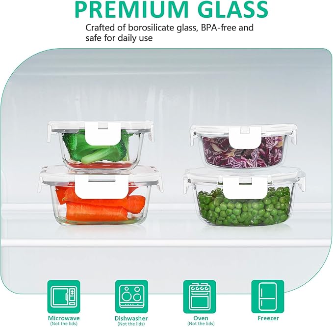 KOMUEE 24 Pieces Glass Food Storage Containers Set, Meal Prep Containers, BPA-Free Airtight Glass Storage Containers with lids,Freezer, Microwave and Oven Safe,White