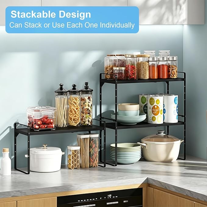 Set of 2 Expandable Cabinet Shelf Organizer, Stackable Kitchen Countertop Shelves Spice Racks, Small Metal Storage Shelf For Cupboard Counter Tabletop, 30 LBS Heavy Duty, Adjustable, 13.8" to 21.6"