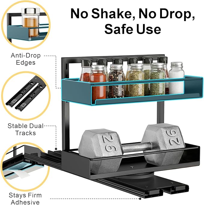 iSPECLE Pull Out Spice Rack - 2 Pack Rotate Peel and Stick No-Drill Vertical Spice Rack Organizer for Cabinet Easy Access Spices, Adjust Height for 4oz to 8oz Spice Jars Inside Kitchen Pantry Cabinet