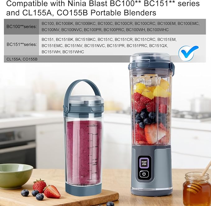 Ninja Blast Accessories 3pcs - Replacement Parts 18oz Blending Vessel Cup & Vessel Cap & Sip Lid with Carry Handle, Compatible with Ninja Blast Portable Blender BC100 Series and BC151 Series Blue