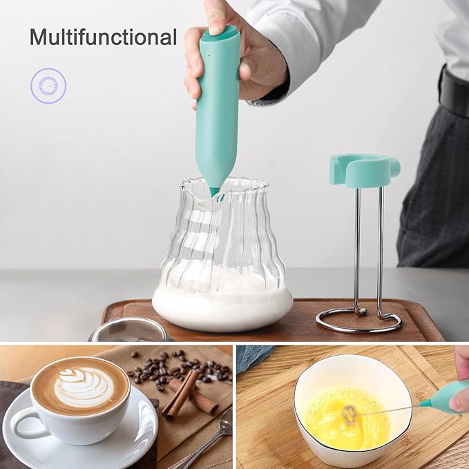 Rechargeable Coffee Frother by ELMWAY, Electric Milk Frother with Charging Stand & Wall Mount, Handheld Drink Mixer, Foam Maker for Coffee, Matcha - Green