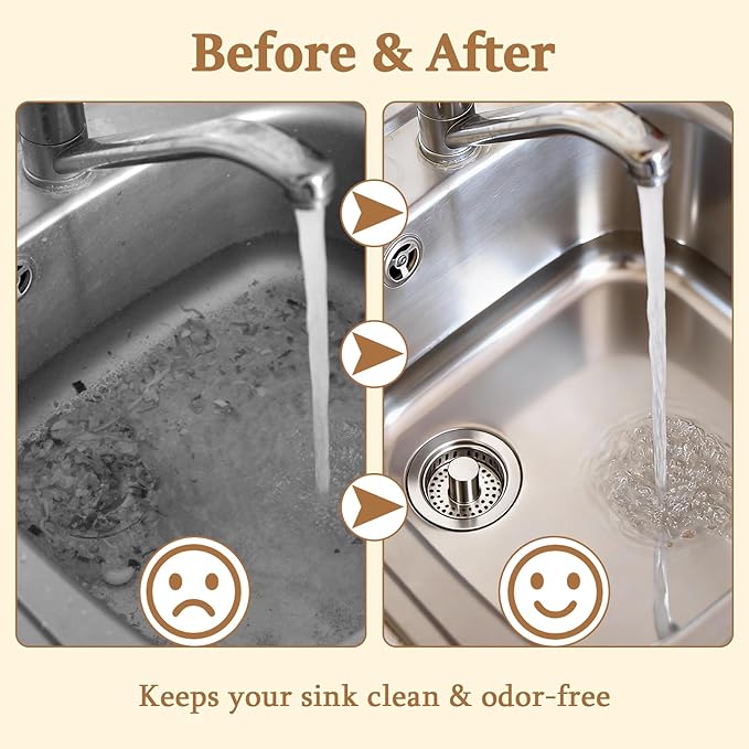 3-in-1 Kitchen Sink Drain Strainer -2 Pack Pop Up Sink Stopper with Anti-Clogging Basket, Kitchen Gadgets Clearance Sink Accessories, Fits Standard 3-1/2” Openings for Double Bowl Kitchen Sinks