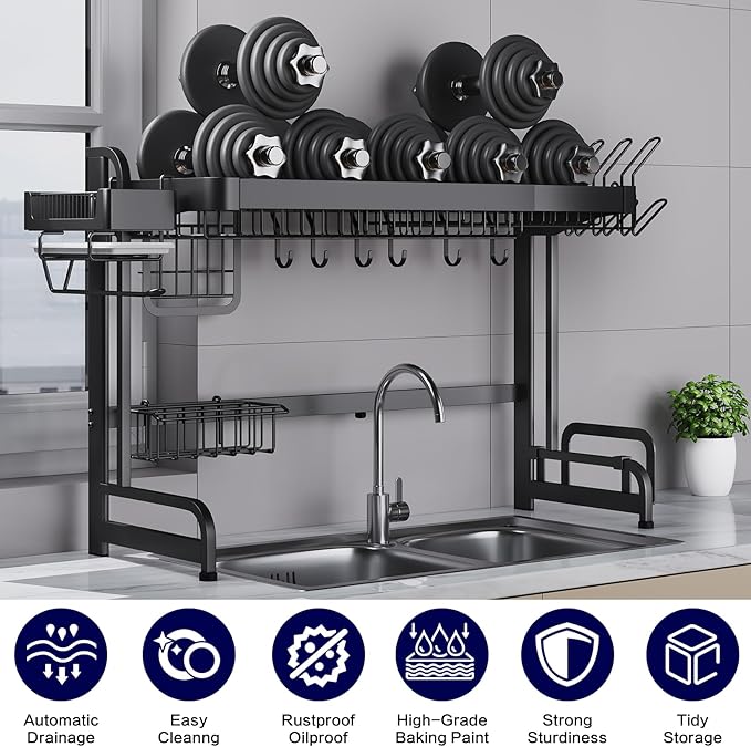 LIVOD Over Sink Dish Drainer Drying Rack, 2 Tier Full Stainless Steel Storage Adjustable Length Kitchen Rack, Multifunctional Expandable Counter Organizer, Space Saver Dish Rack