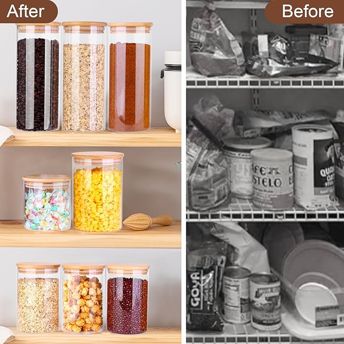 Glass Food Jars with Lids,37oz Glass Storage Containers with Airtight Bamboo Lids,Round Glass Canister Set of 4, Pantry Organizers and Storage for Cookie Flour Oat Pasta Tea Coffee Bean