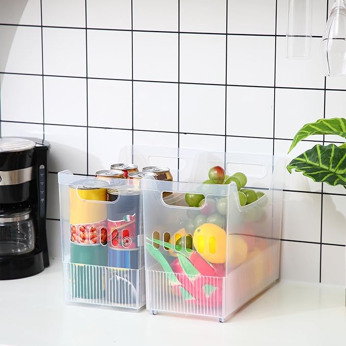 Qunclay 6 Plastic Freezer Organizer Bins with Wheel Set Clear Tall Narrow Kitchen Pantry Organizer Snack Storage Containers for Office Refrigerator(10 x 13.3 x 6.7inches)
