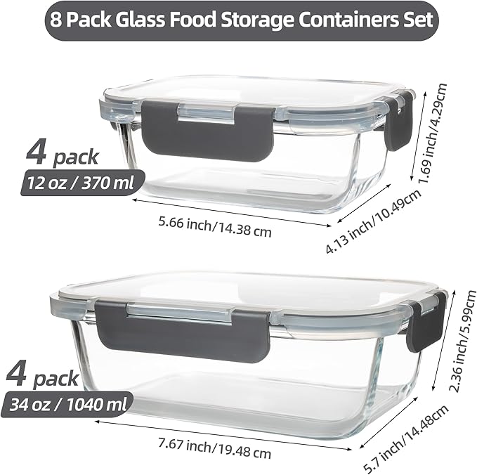 16PCS (8 Bowls + 8 Lids) High Borosilicate Glass Meal Prep Containers, Food Storage Containers with Airtight Lids, Glass Lunch Bento Boxes,Dishwasher Safe, grey