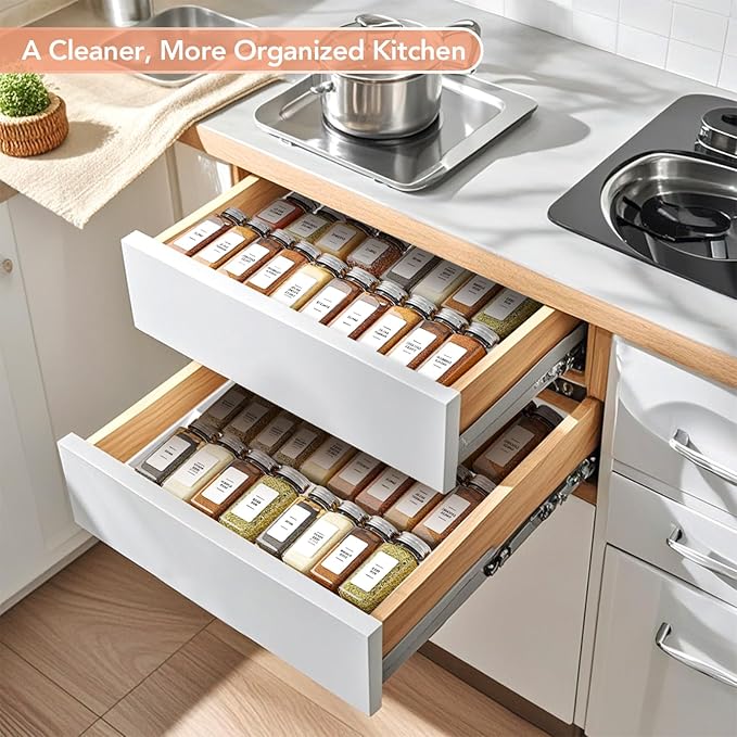 Adjustable 3-Tier Drawer Spice Organizer – Thick Plastic, Non-Slip, Fits 11"-22" Kitchen Drawers, Includes Labels & Funnel (No Jars)