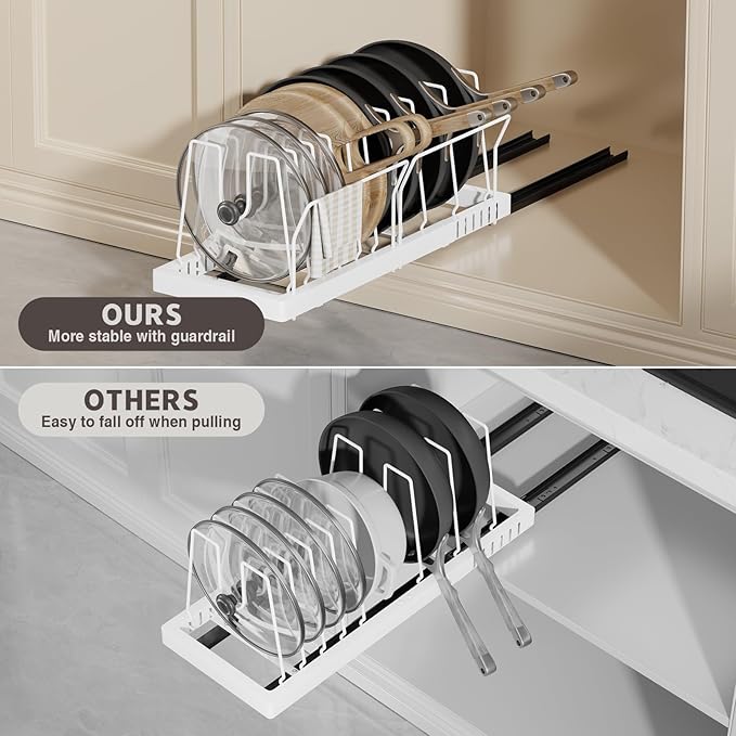 Magheo 2 Pack Pots and Pans Organizer Under Cabinet, 22" Deep Expandable Pull Out Pot Lid Organizer and Storage with 10 Adjustable Dividers No Drill Pot and Pan Holder Rack with Handle Bracket(White)