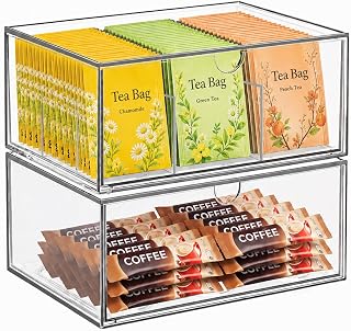 2 Pack Tea Bag Organizers, 9-Compartment Tea Packet Holder Clear Drawer Box