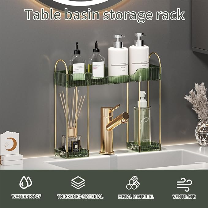Makeup Organizer for Vanity,2-Tier Bathroom Sink Organizers Shelf Over Faucet Countertop Organizer Rack with Green Plastic Trays,n-Shaped Sink Storage for Bathroom Dresser