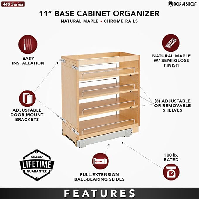 Rev-A-Shelf Maple Pullout Organizer for Full Height Base Cabinets, Full Extension Slides & Adjustable Shelves, Min Opening Width of 11.5",448-BC-11C