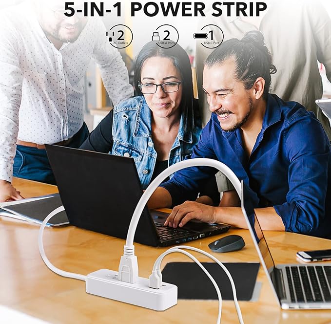 Clear Power 2-Outlet Power Strip with 3 USB Ports(1 USB-C), Flat Plug, 6 ft Power Cord, Desktop Charging Station with USB C, White, DC3S-1102-DC