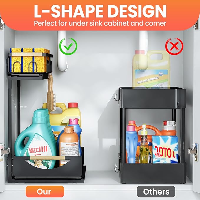 2 Pack 2 Tier Under Sink Organizer and Storage for Bathroom and Kitchen - Under Cabinet Pull Out Shelf Organizers - Sliding Out Drawer Organization for Home Cabinets Shelves and Drawers