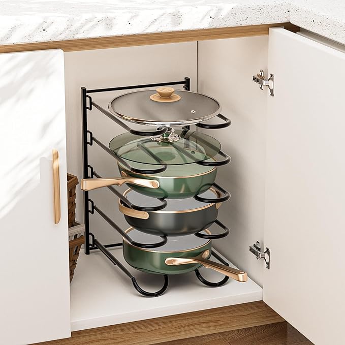 JAQ Pots and Pans Organizer, 13.18 inch Heavy Duty Pot Lids Rack Holder Adjustable Height for Muffin Tins, Baking Sheets, Skillets,Cookware,Bakeware in Cabinets Shelf Countertop Pantry-Black