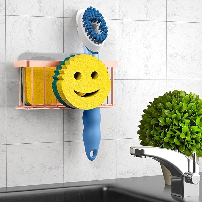 MURLONG Sponge Holder Smiley Face,Sink Caddy for Kitchen Sink,Sponge Holder with 2 PCS Suction Cups/1 PCS Adhesive Strips,Designed for Sponge,Soap,Dish Brush,Scrubber-Rose Gold