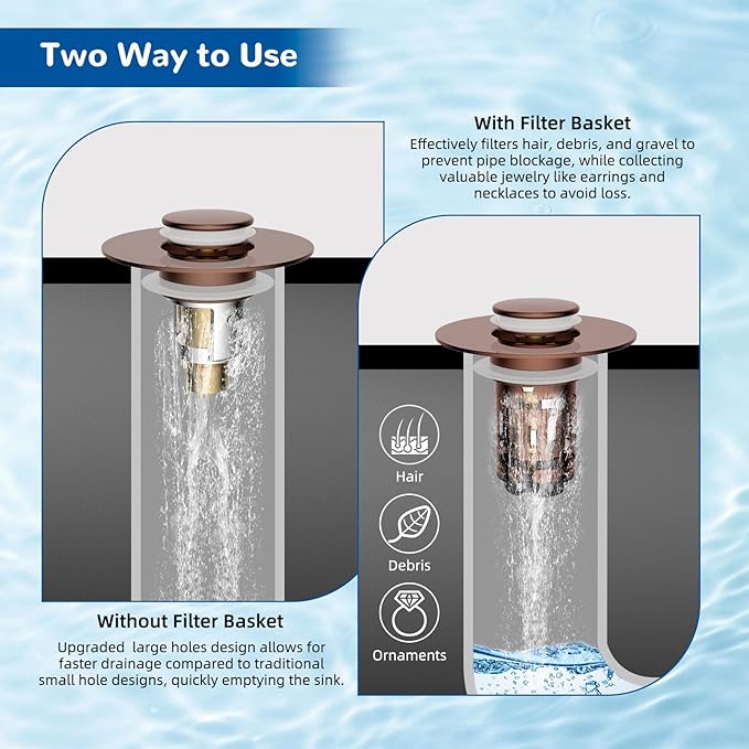 Hibbent Upgraded 3 in 1 Bathroom Sink Drain Strainer, Universal Pop Up Stopper with Removable Stainless Steel Filter Basket Hair Catcher, Sink Plug for 1.1''~2.36'' Basin, Brass Bullet Core, Rose Gold